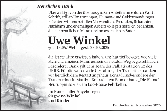 Traueranzeige von Uwe Winkel von Märkische Oderzeitung