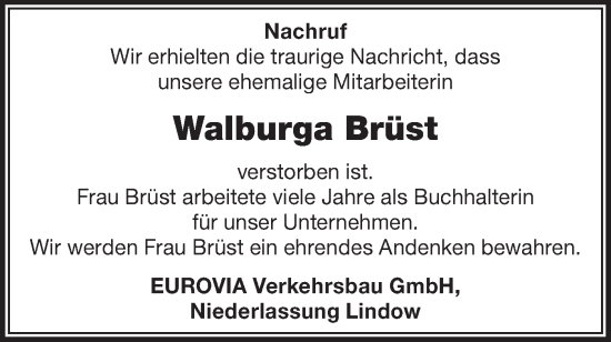 Traueranzeige von Walburga Brüst von Märkische Oderzeitung