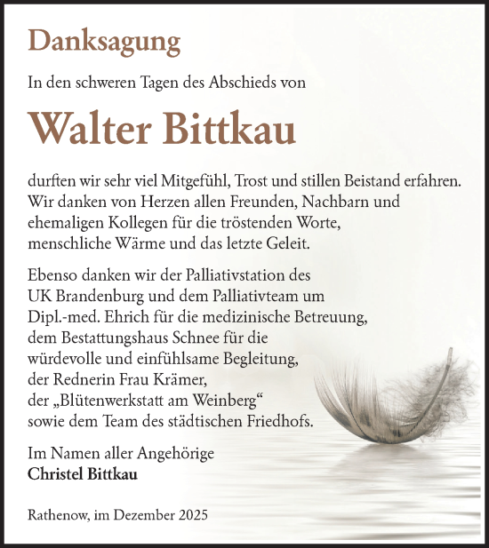 Traueranzeige von Walter Bittkau von Märkische Oderzeitung