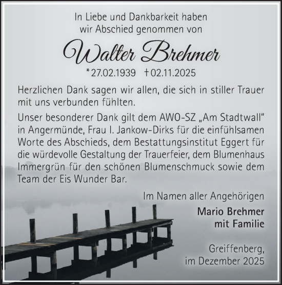 Traueranzeige von Walter Brehmer von MO Uckerm.-Anz.