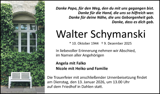 Traueranzeige von Walter Schymanski von Märkische Oderzeitung