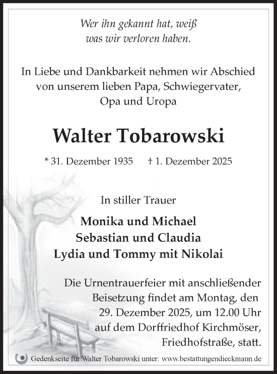 Traueranzeige von Walter Tobarowski von Märkische Oderzeitung