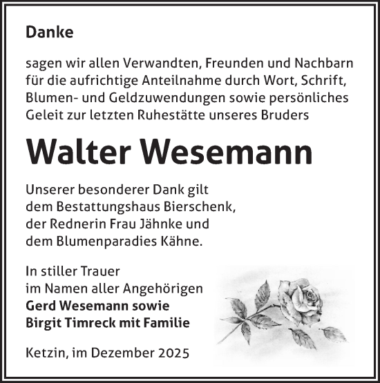Traueranzeige von Walter Wesemann von Märkische Oderzeitung