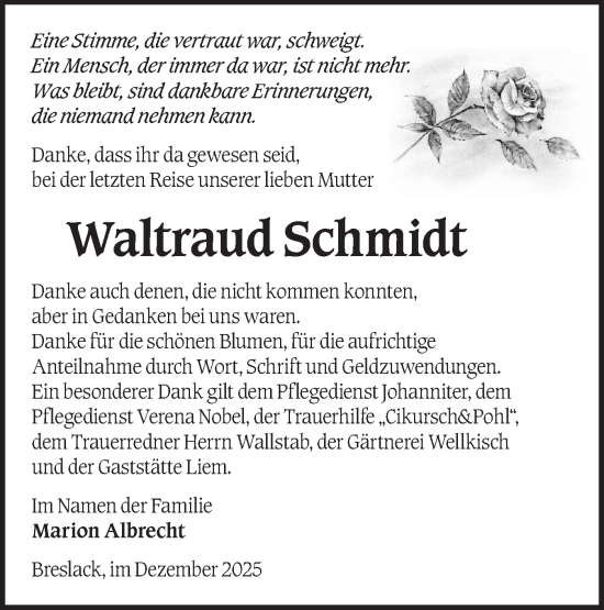 Traueranzeige von Waltraud Schmidt von Märkische Oderzeitung