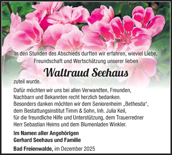 Traueranzeige von Waltraud Seehaus von MO Oderld.-Echo
