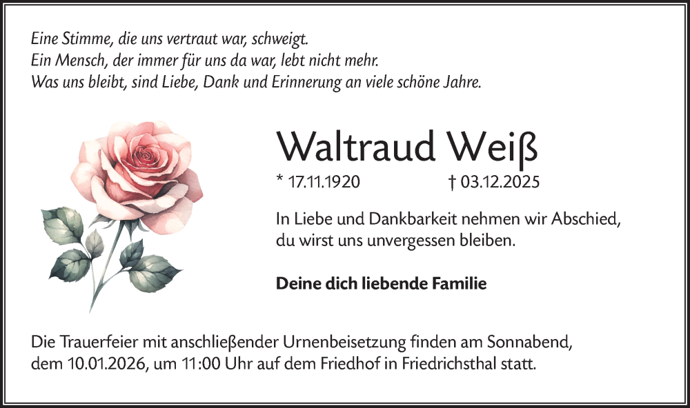  Traueranzeige für Waltraud Weiß vom 20.12.2025 aus Märkische Oderzeitung