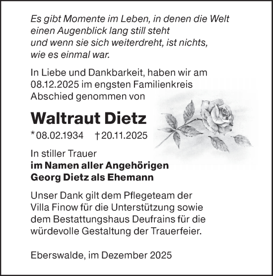 Traueranzeige von Waltraut Dietz von Märkische Oderzeitung