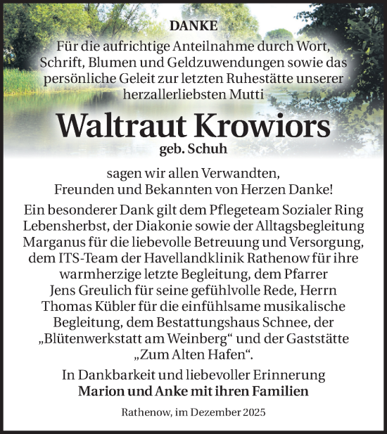 Traueranzeige von Waltraut Krowiors von Märkische Oderzeitung