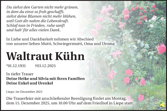 Traueranzeige von Waltraut Kühn von Märkische Oderzeitung