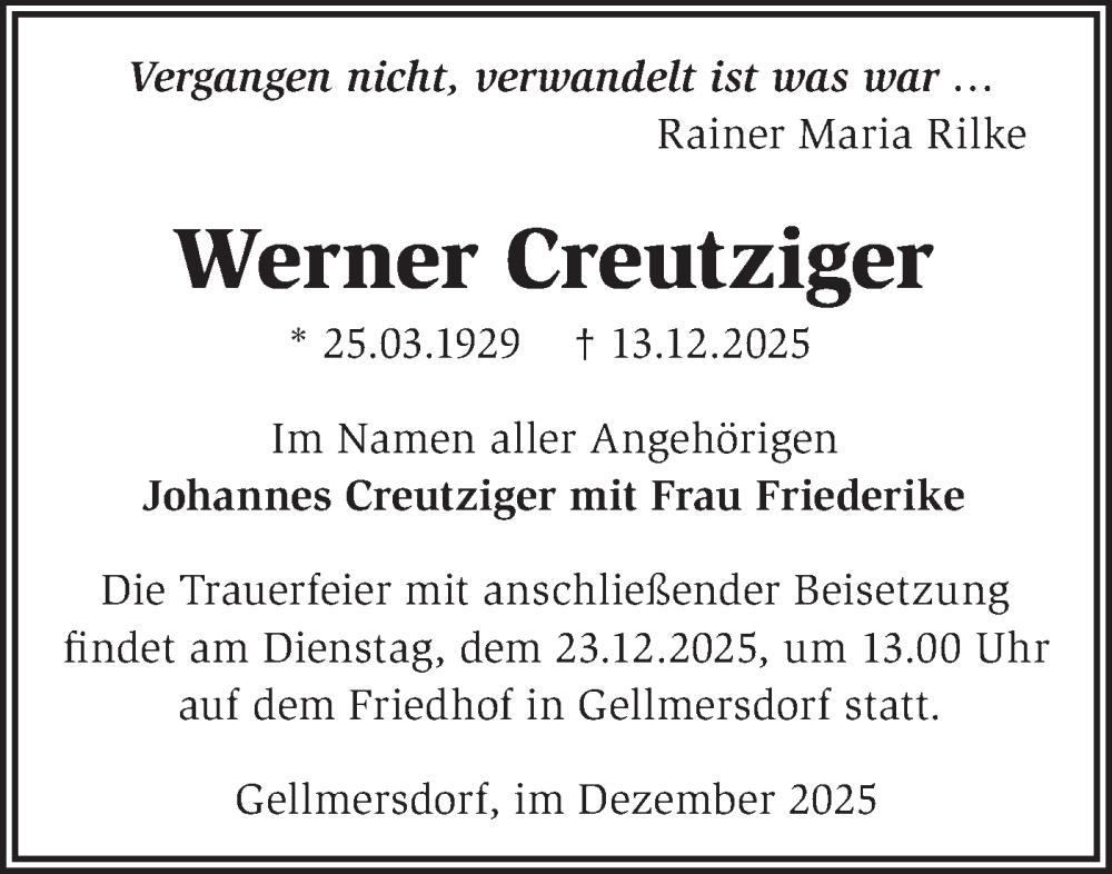  Traueranzeige für Werner Creutziger vom 20.12.2025 aus MO Uckerm.-Anz.