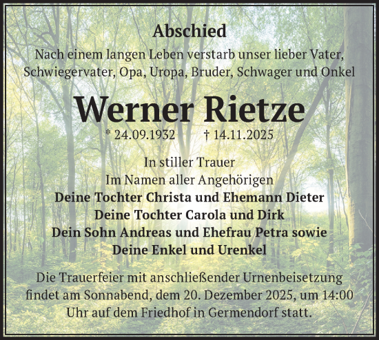 Traueranzeige von Werner Rietze von Märkische Oderzeitung