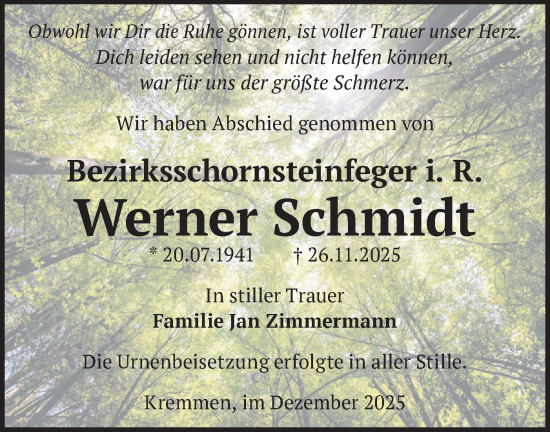 Traueranzeige von Werner Schmidt von Märkische Oderzeitung