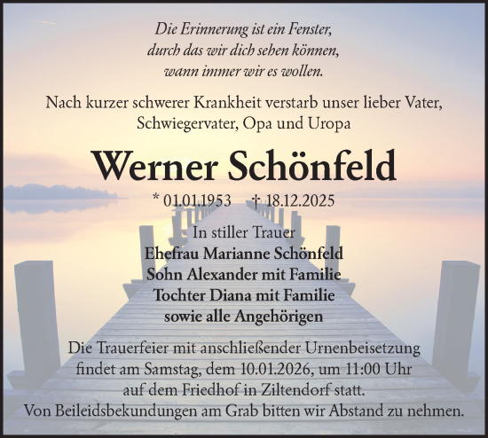 Traueranzeige von Werner Schönfeld von Märkische Oderzeitung