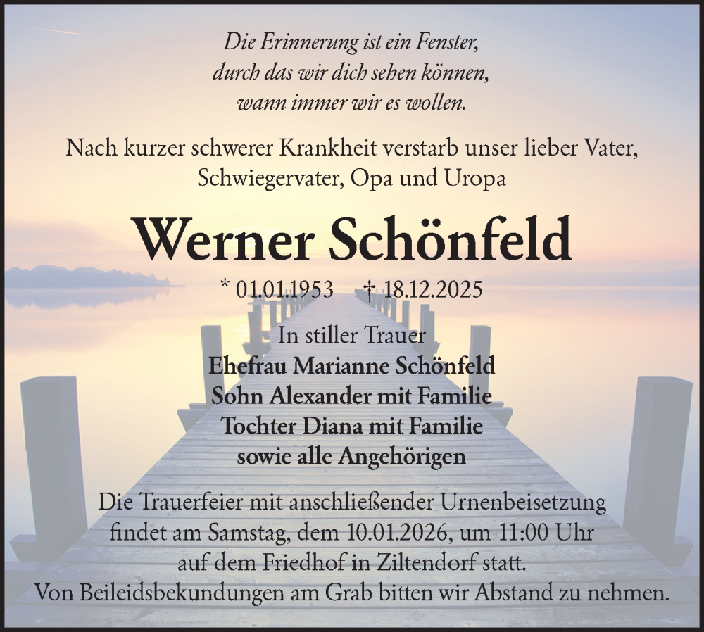  Traueranzeige für Werner Schönfeld vom 27.12.2025 aus Märkische Oderzeitung