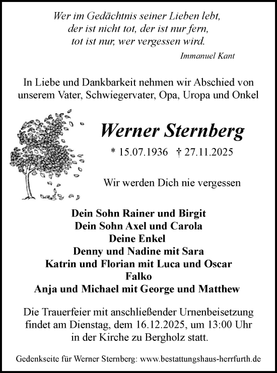 Traueranzeige von Werner Sternberg von Märkische Oderzeitung