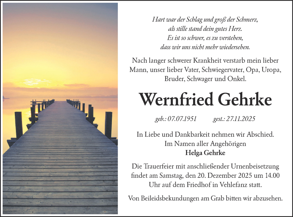  Traueranzeige für Wernfried Gehrke vom 13.12.2025 aus Märkische Oderzeitung