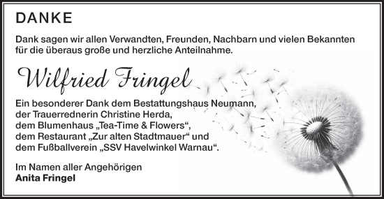 Traueranzeige von Wilfried Fringel von Märkische Oderzeitung
