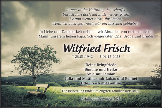 Traueranzeige von Wilfried Frisch von Märkische Oderzeitung