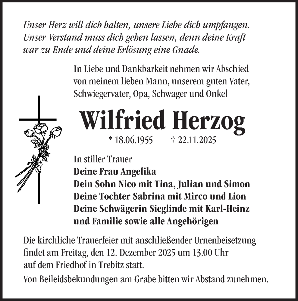  Traueranzeige für Wilfried Herzog vom 06.12.2025 aus Märkische Oderzeitung