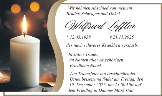 Traueranzeige von Wilfried Löffler von Blickpunkt Ludwigsfelde/Zossen