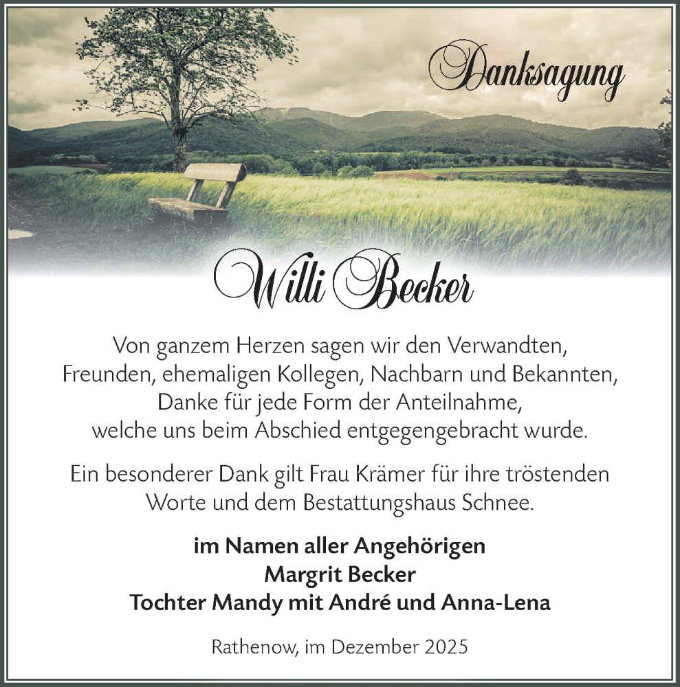  Traueranzeige für Willi Becker vom 13.12.2025 aus Märkische Oderzeitung