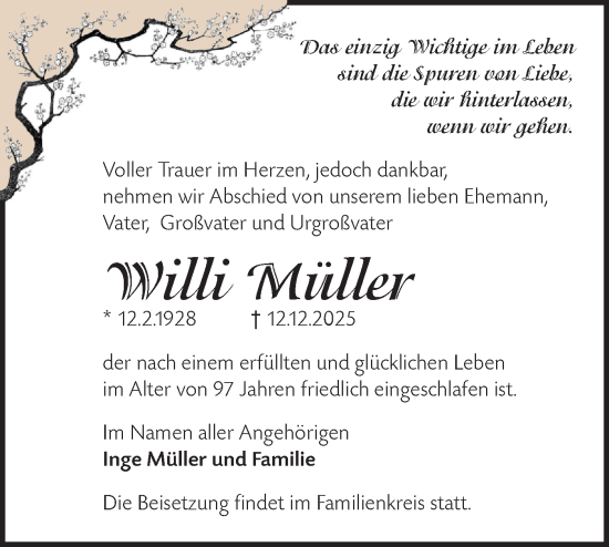 Traueranzeige von Willi Müller von Märkische Oderzeitung