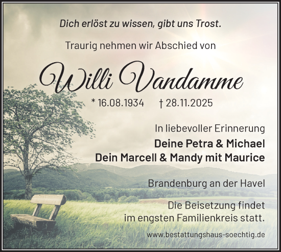 Traueranzeige von Willi Vandamme von Märkische Oderzeitung