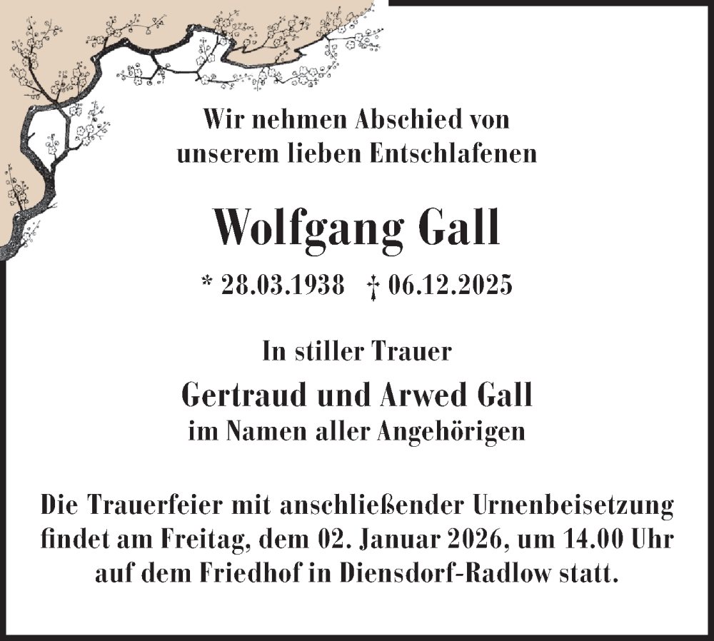  Traueranzeige für Wolfgang Gall vom 20.12.2025 aus Märkische Oderzeitung