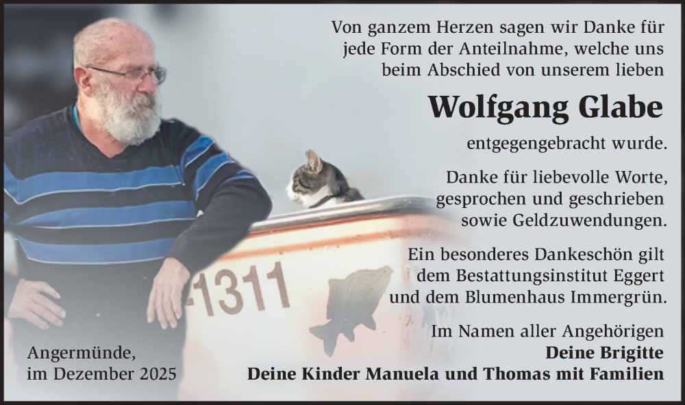  Traueranzeige für Wolfgang Glabe vom 13.12.2025 aus MO Uckerm.-Anz.