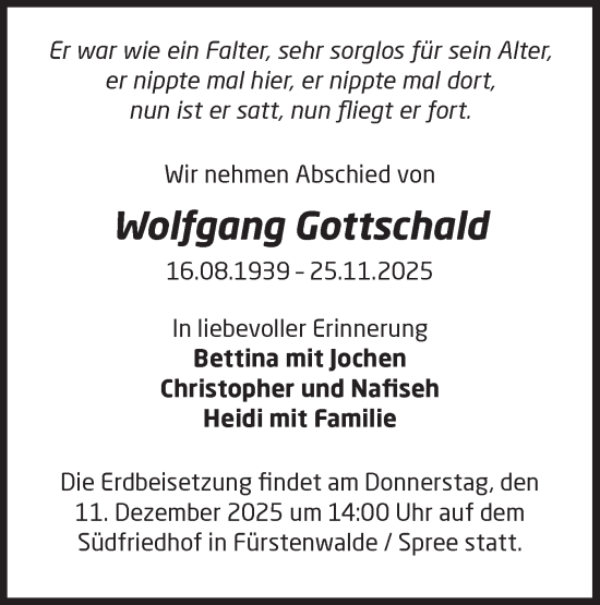 Traueranzeige von Wolfgang Gottschald von Märkische Oderzeitung