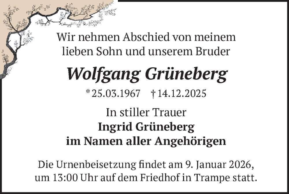  Traueranzeige für Wolfgang Grüneberg vom 27.12.2025 aus Märkische Oderzeitung