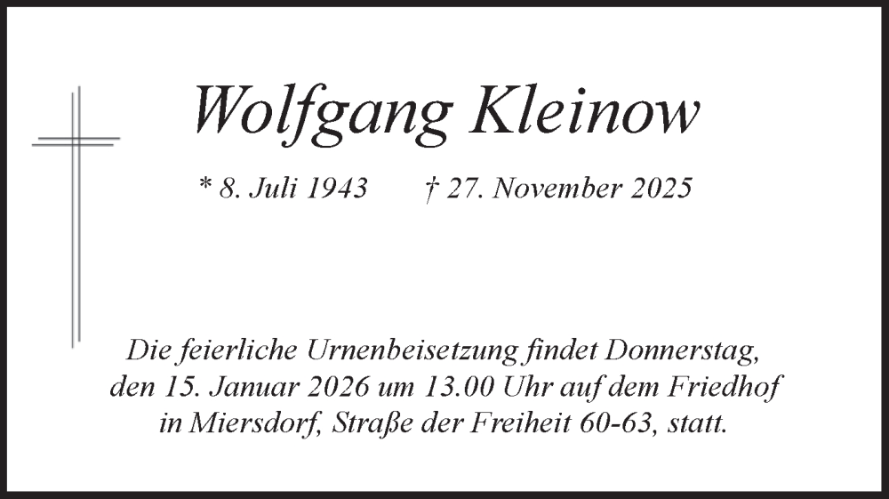  Traueranzeige für Wolfgang Kleinow vom 27.12.2025 aus Blickpunkt Königs Wusterhausen