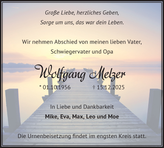 Traueranzeige von Wolfgang Melzer von Märkische Oderzeitung