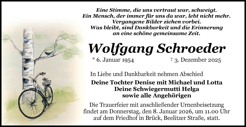  Traueranzeige für Wolfgang Schroeder vom 13.12.2025 aus Märkische Oderzeitung