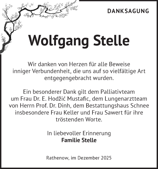 Traueranzeige von Wolfgang Stelle von Märkische Oderzeitung