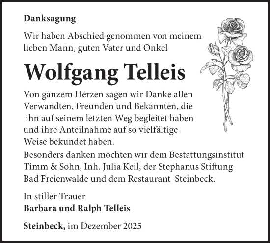Traueranzeige von Wolfgang Telleis von MO Oderld.-Echo