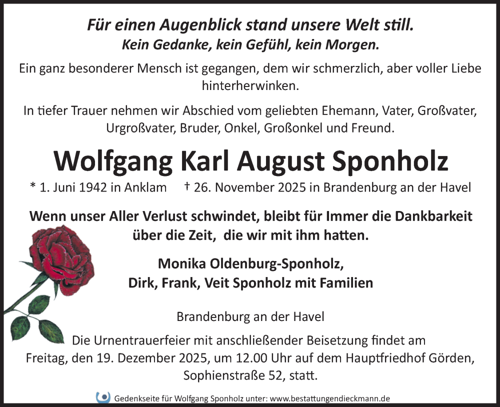  Traueranzeige für Wolfgang Karl August Sponholz vom 06.12.2025 aus Märkische Oderzeitung