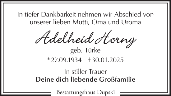 Traueranzeige von Adelheid Horny von Märkische Oderzeitung