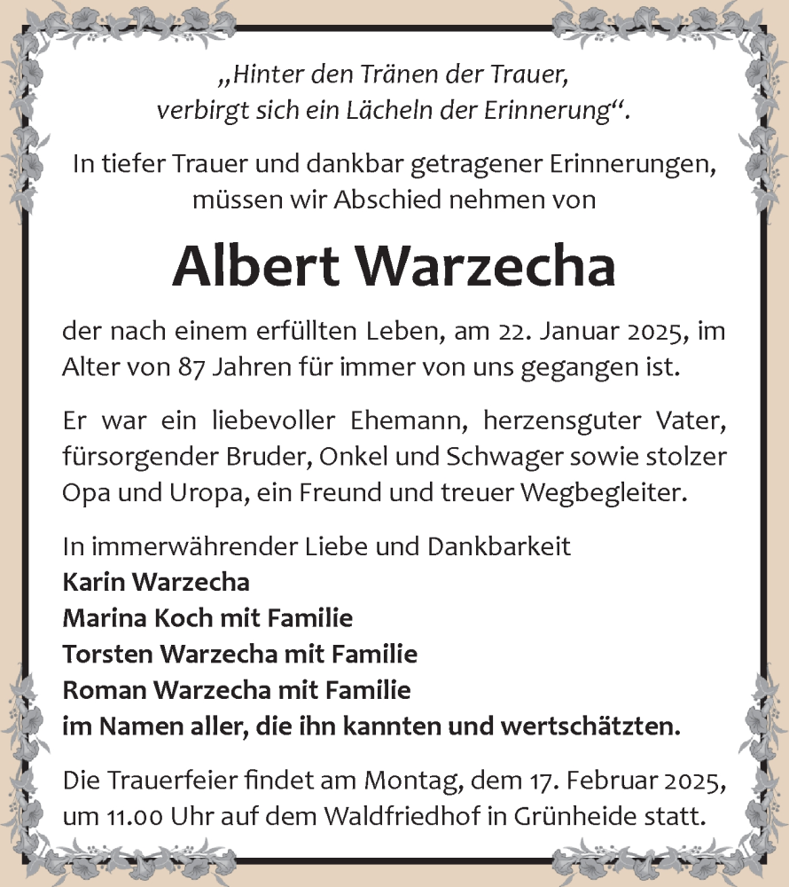  Traueranzeige für Albert Warzecha vom 08.02.2025 aus Märkische Oderzeitung