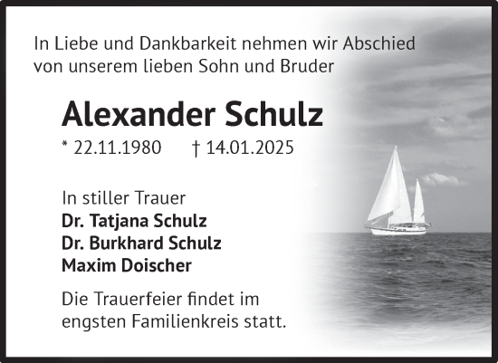 Traueranzeige von Alexander Schulz von Märkische Oderzeitung