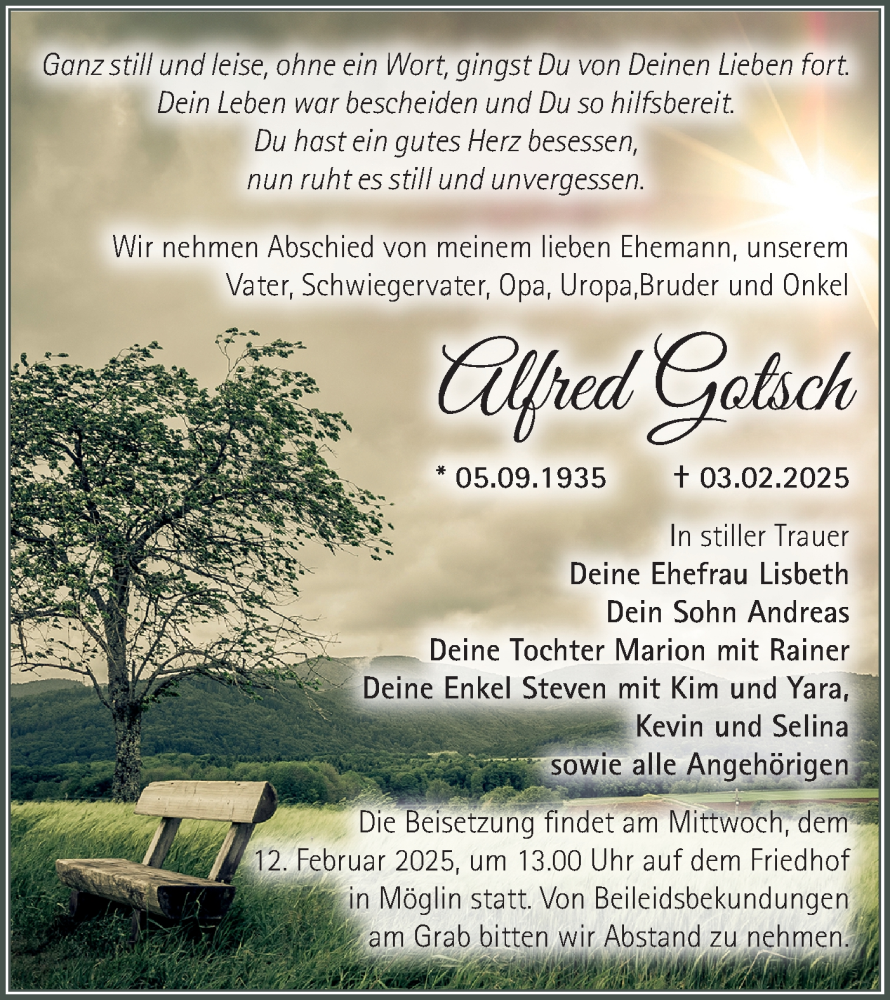  Traueranzeige für Alfred Gotsch vom 07.02.2025 aus Märkische Oderzeitung