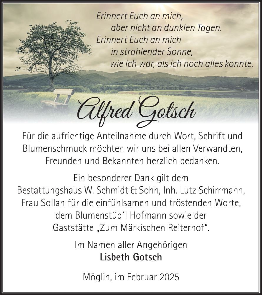  Traueranzeige für Alfred Gotsch vom 22.02.2025 aus Märkische Oderzeitung