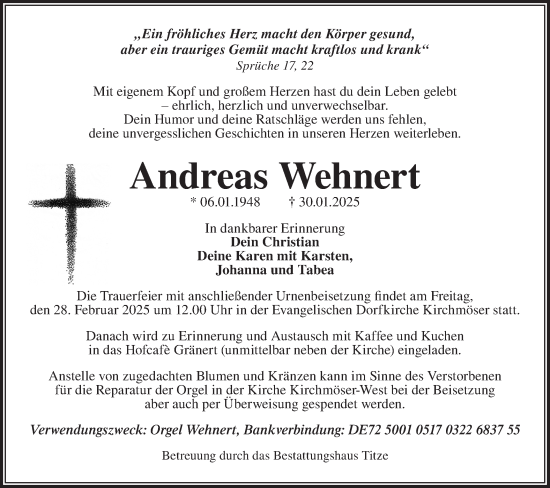 Traueranzeige von Andreas Wehnert von Märkische Oderzeitung