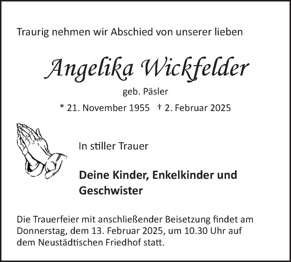  Traueranzeige für Angelika Wickfelder vom 08.02.2025 aus Märkische Oderzeitung
