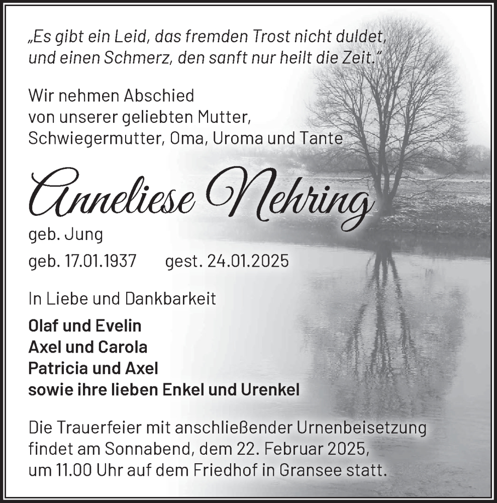  Traueranzeige für Anneliese Nehring vom 08.02.2025 aus Märkische Oderzeitung