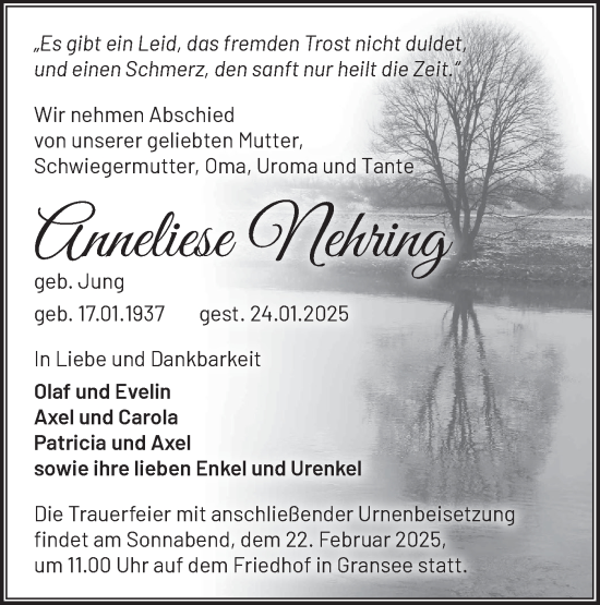 Traueranzeige von Anneliese Nehring von Märkische Oderzeitung