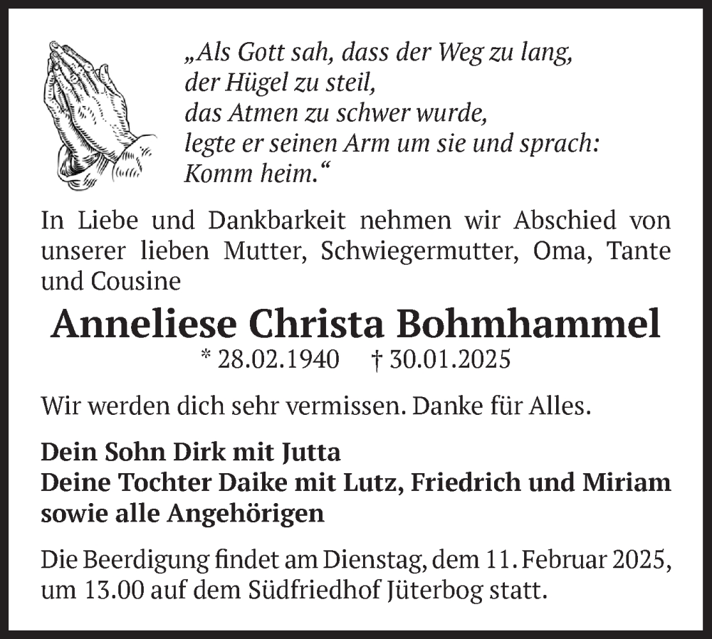  Traueranzeige für Anneliese Christa Bohmhammel vom 08.02.2025 aus Märkische Oderzeitung