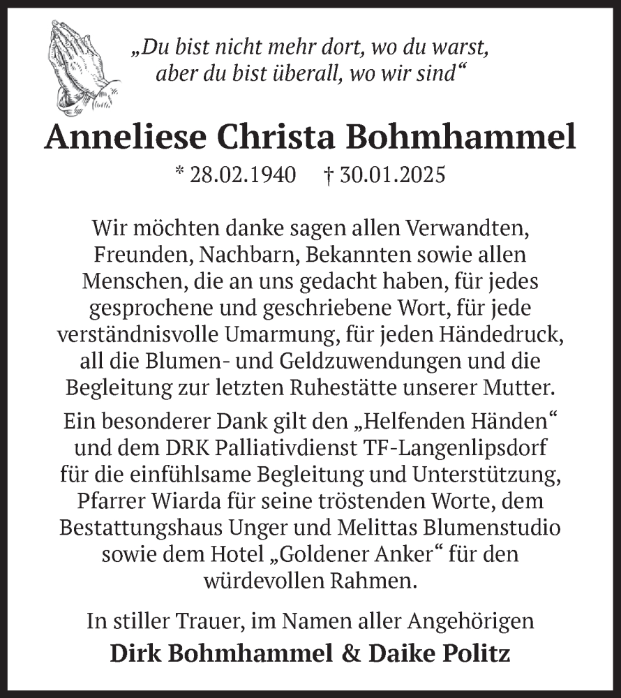  Traueranzeige für Anneliese Christa Bohmhammel vom 22.02.2025 aus Märkische Oderzeitung