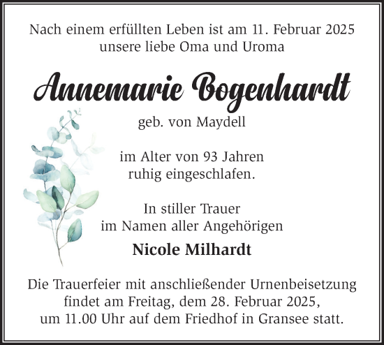Traueranzeige von Annemarie Bogenhardt von Märkische Oderzeitung