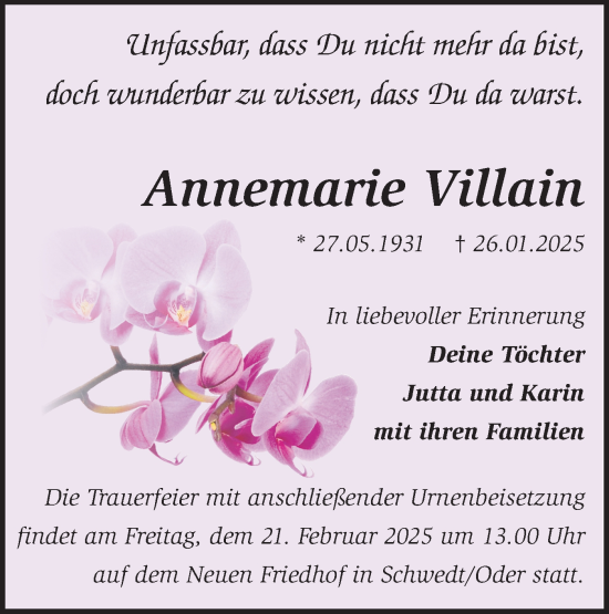 Traueranzeige von Annemarie Villain von Märkische Oderzeitung